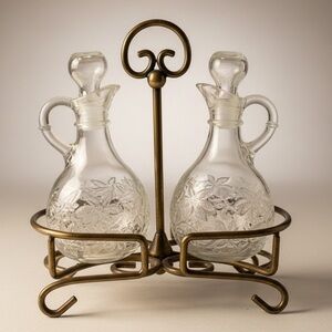Princess House Fantasia Oil & Vinegar Cruets with Scrolled Metal Tray